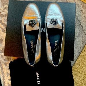SOLD Chanel silver loafers with Camellia appliqué